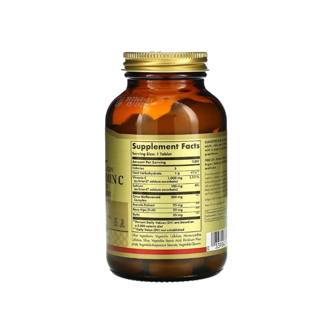A bottle of Solgar Ester-c Plus 1000 mg vitamin C 30 tablets on a white background.