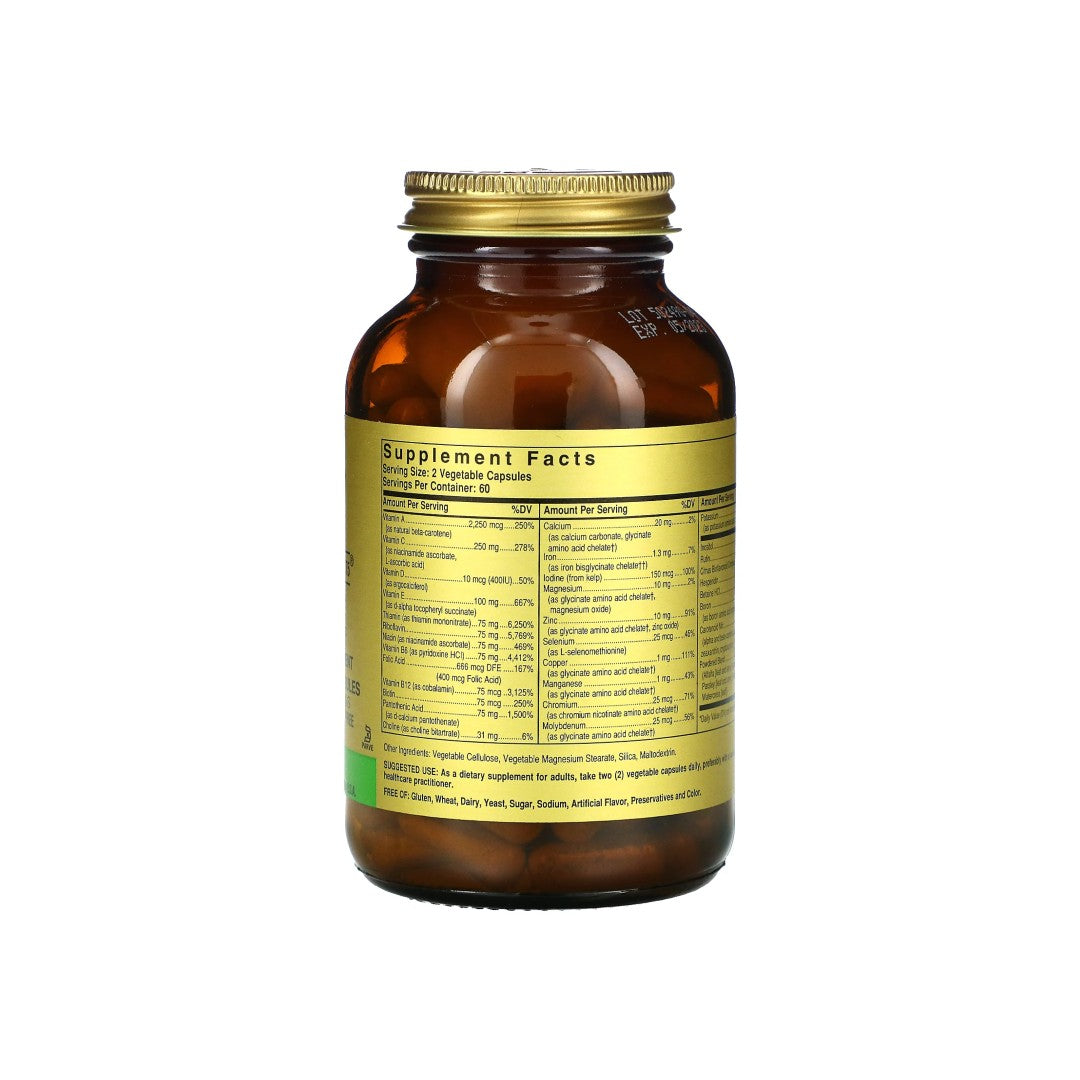 A bottle of Solgar Formula VM-75 120 vegetable capsules on a white background.