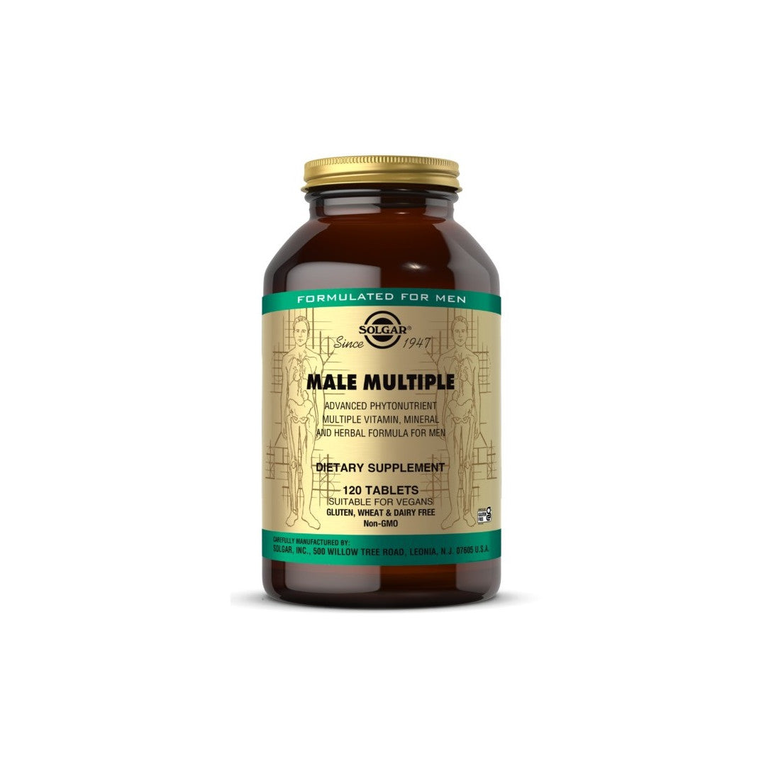 A bottle of Solgar Male Multiple Multivitamins & Minerals for Men 120 Tablets on a white background.