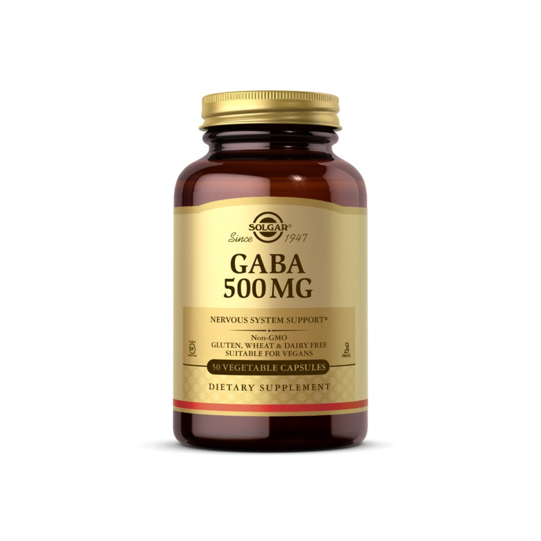 A bottle of Solgar GABA 500 mg 100 vege capsules.