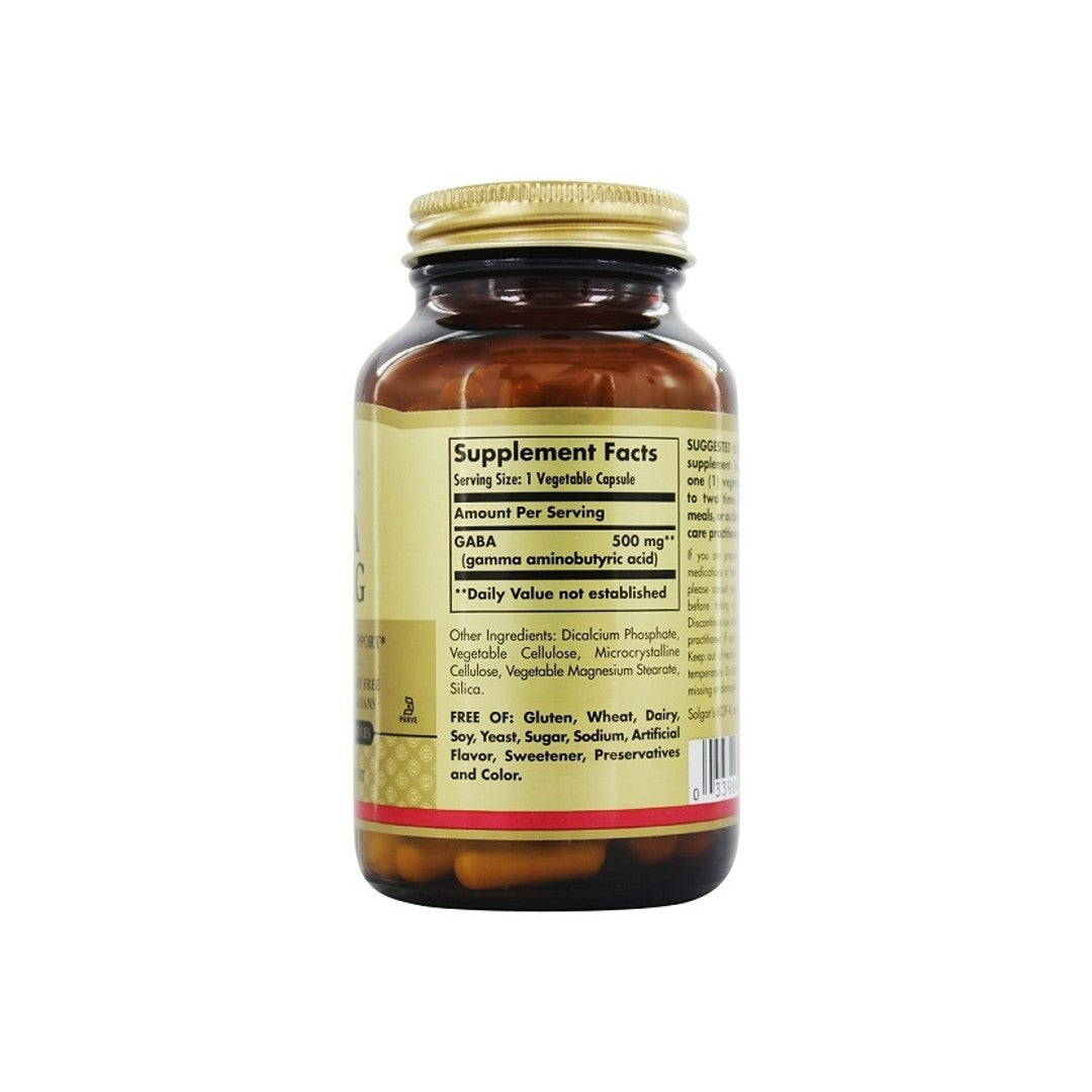A bottle of Solgar GABA 500 mg 100 vege capsules on a white background.
