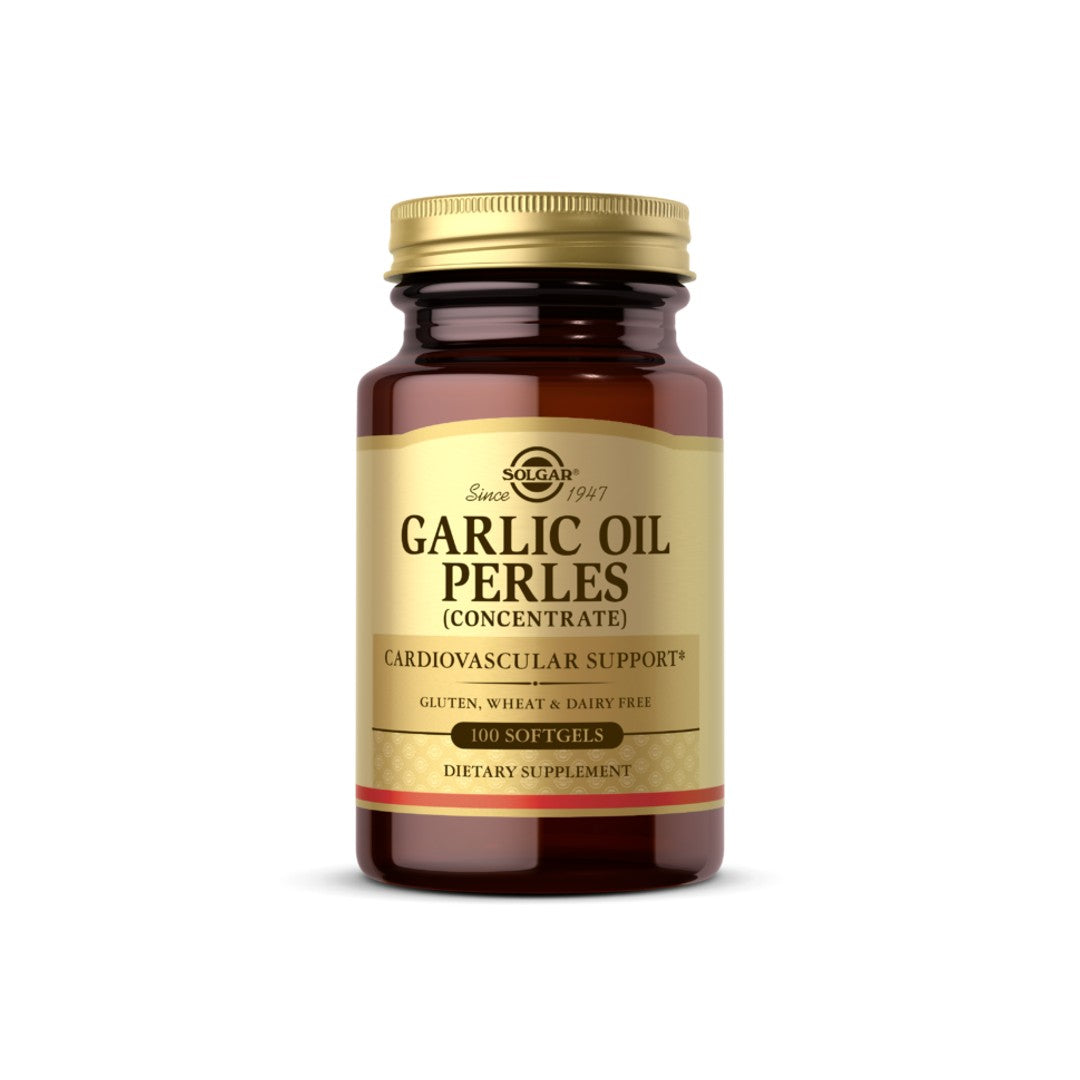 A bottle of Solgar Garlic Oil Perles (reduced odor) 250 softgel perils on a white background.