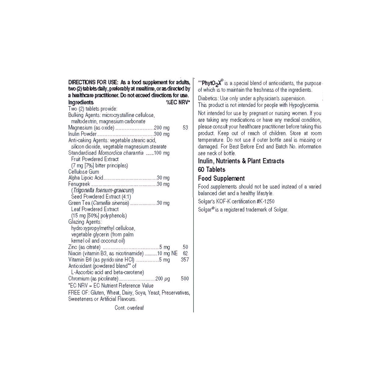 Glucose Factors 60 tablets - supplement facts