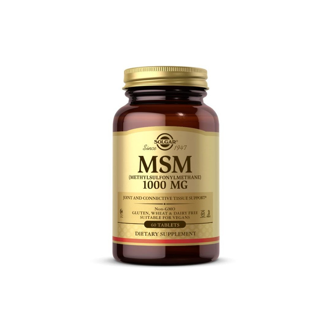 Solgar MSM 1000mg tablets for joint mobility and inflammation improvement on a white background.