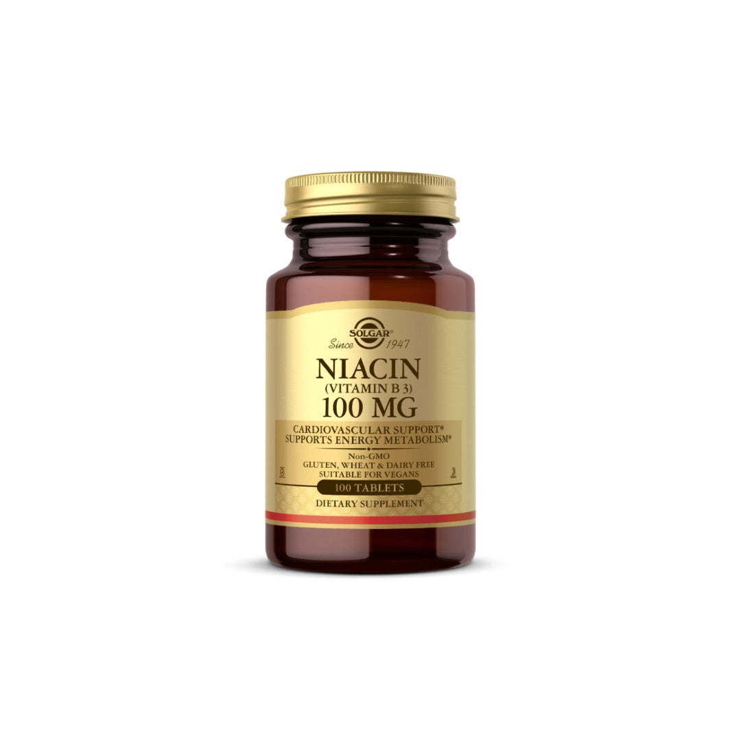Solgar Niacin Vitamin B-3 100mg coated capsules on a white background for nervous system health.