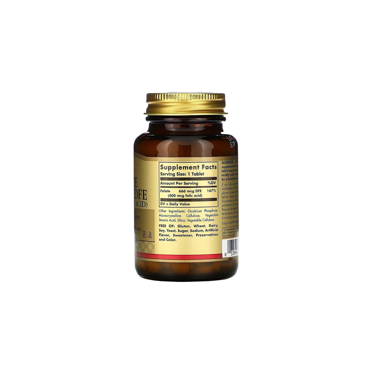 A brown bottle of Solgar's Folate 666 mcg DFE (Metafolin 400 mcg) 50 Tablets comes with a gold cap, featuring a label that displays supplement facts, daily value percentages, and underscores benefits for heart health.