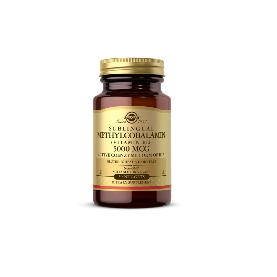 A bottle of Solgar brain-boosting Vitamin B-12 5000mcg Methylcobalamin 30 nuggets on a white background.