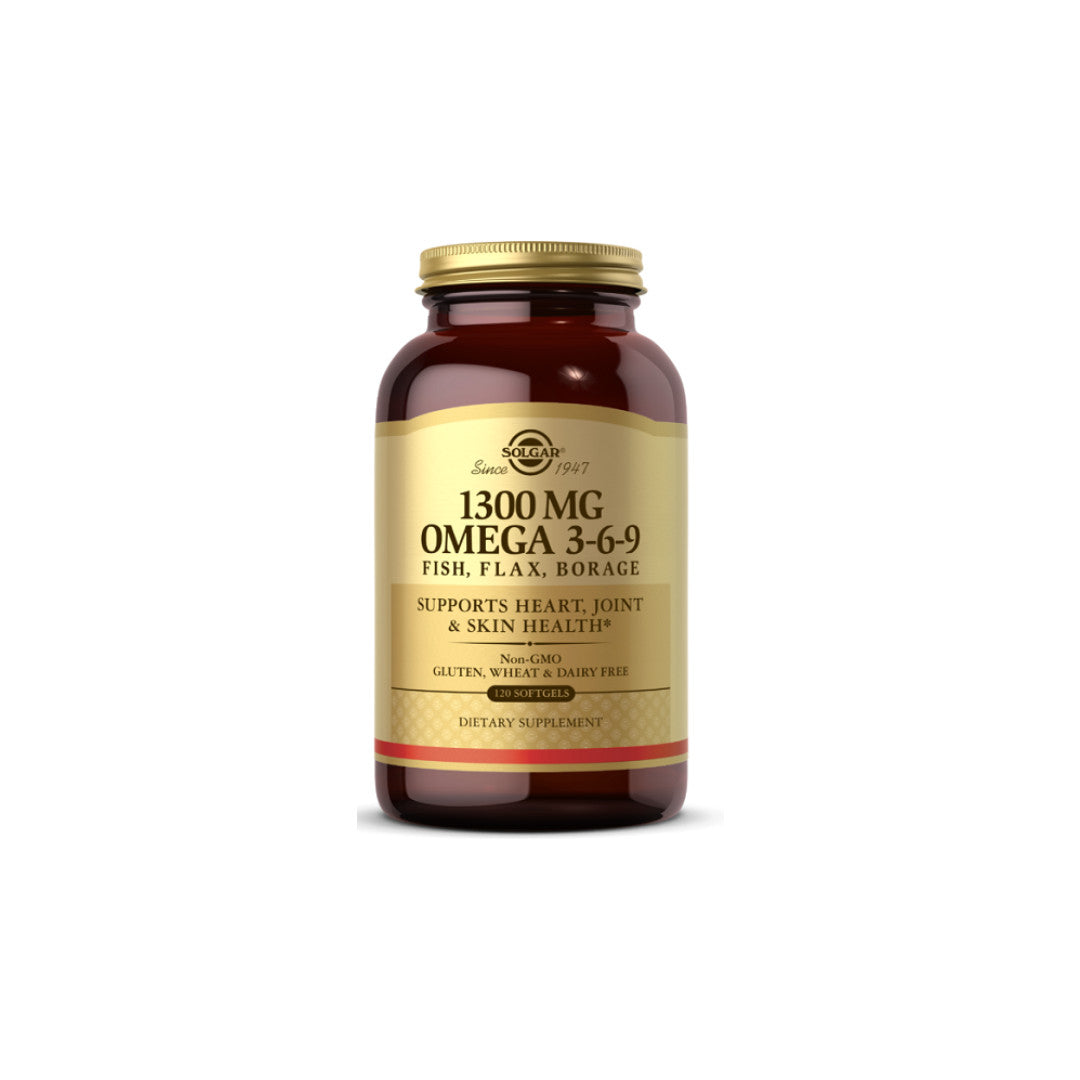 A bottle of Omega 3-6-9 1300mg 120 Softgels, derived from fish oil by Solgar.