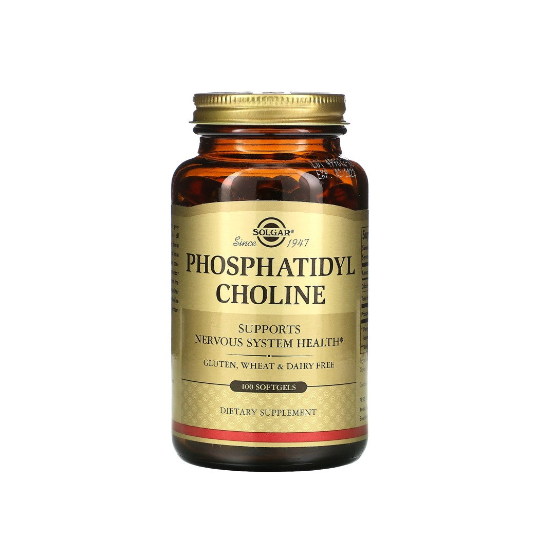 A bottle of Solgar Phosphatidylcholine 100 softgels, a brain neurotransmitter that supports cognitive functions.