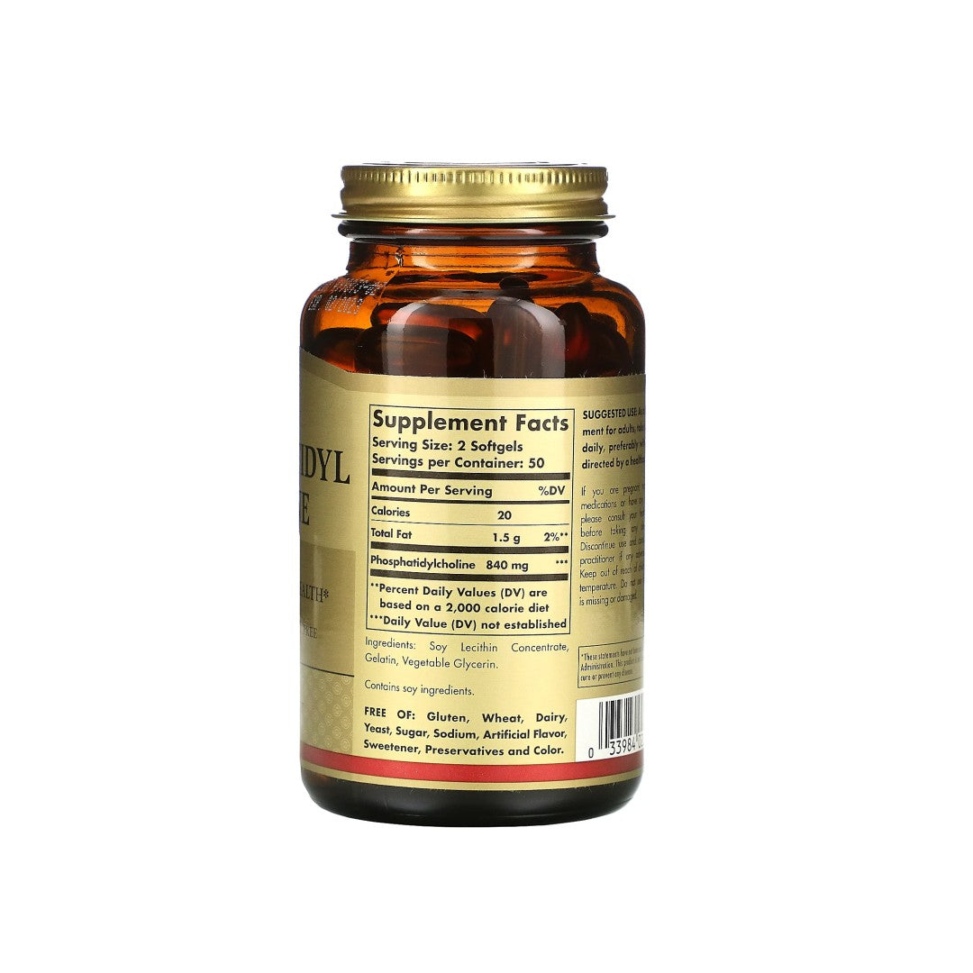 A bottle of Solgar Phosphatidylcholine 100 softgels, known to support cognitive functions and the production of brain neurotransmitter, on a white background.
