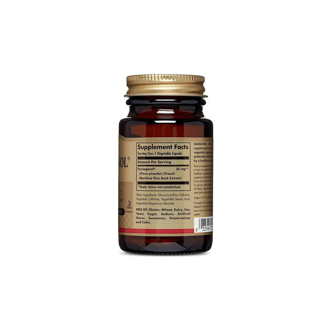 A bottle of Solgar Pycnogenol 30 mg 30 VCaps supplement on a white background, promoting brain health.