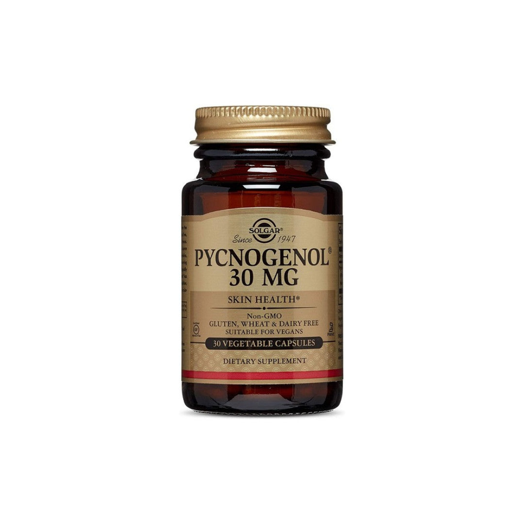 A bottle of Solgar Pycnogenol 30 mg 30 VCaps, promoting brain health.