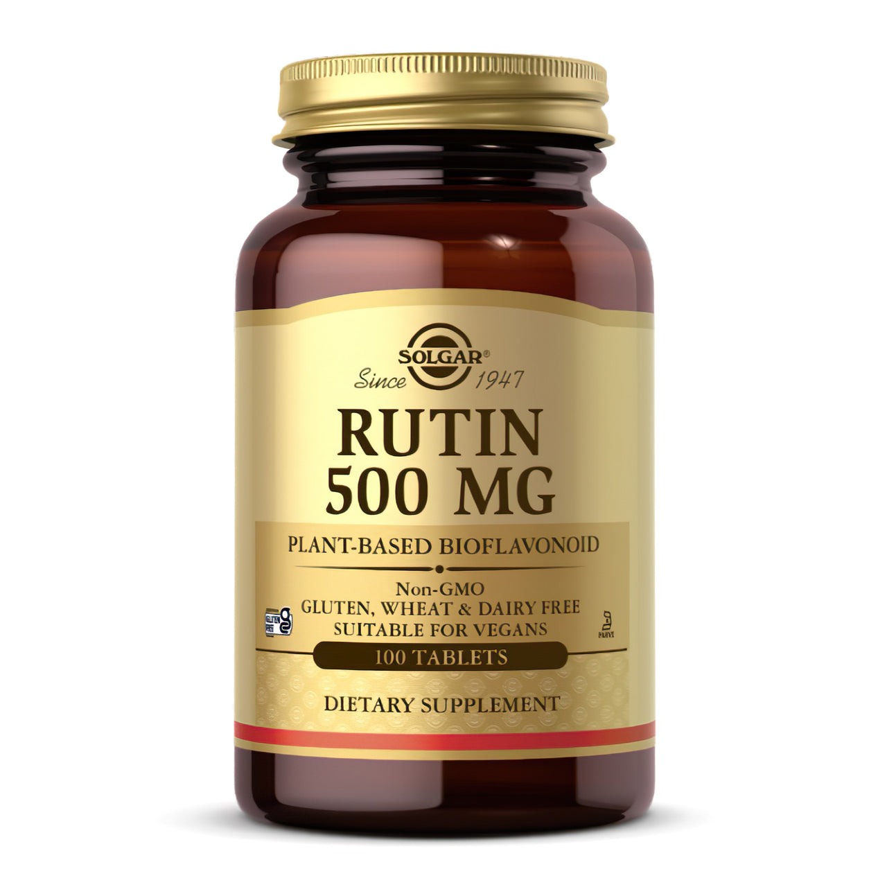 A bottle of Solgar's Rutin 500 mg 100 Tablets supplement, providing 500 mg per serving to support healthy blood vessels.