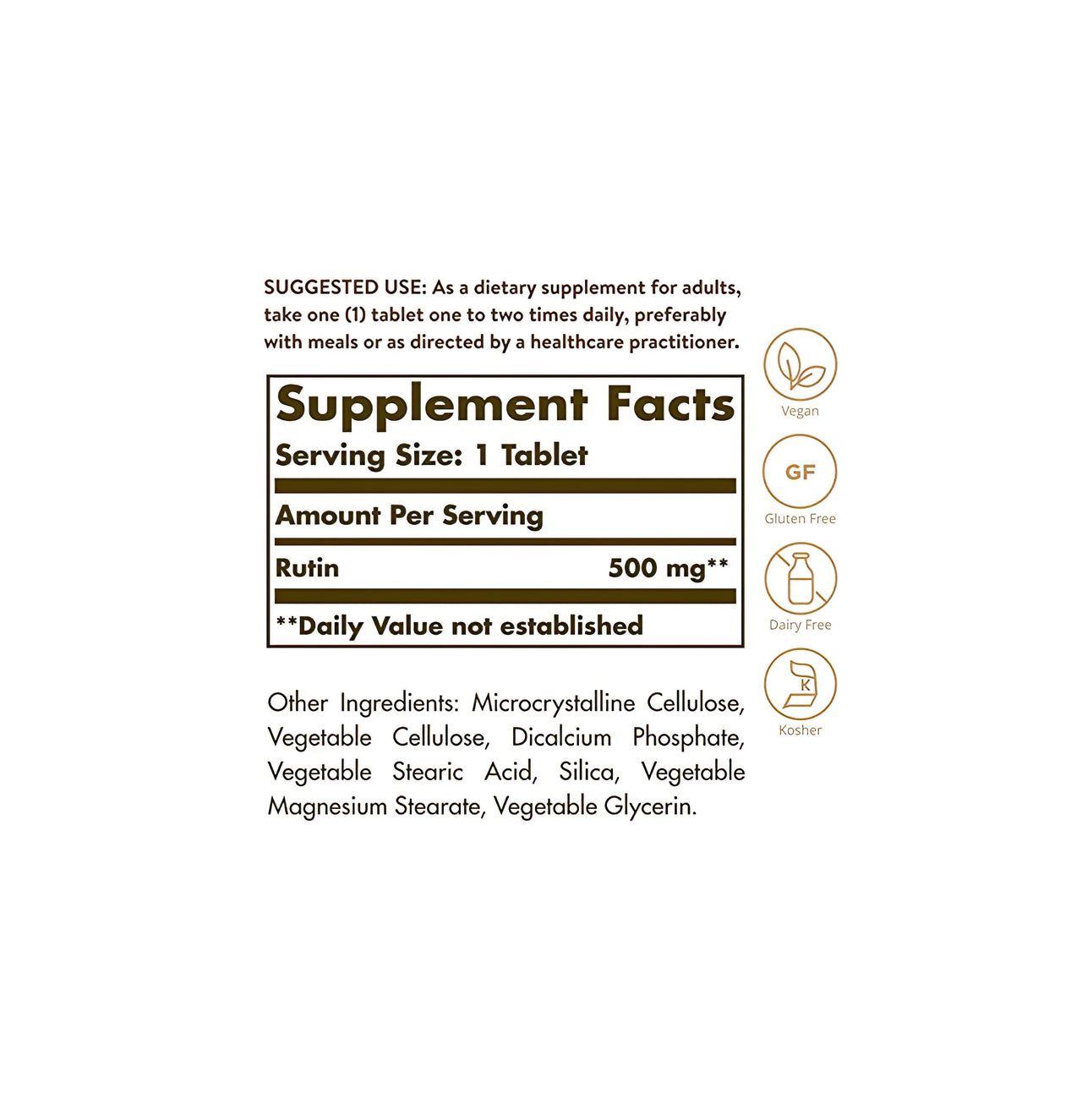 A Solgar label displaying the ingredients of a supplement, notably Rutin 500 mg 100 Tablets, known for its positive effects on blood vessels.