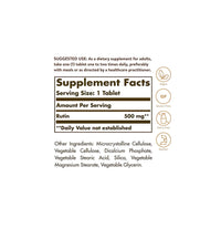 Thumbnail for A Solgar label displaying the ingredients of a supplement, notably Rutin 500 mg 100 Tablets, known for its positive effects on blood vessels.