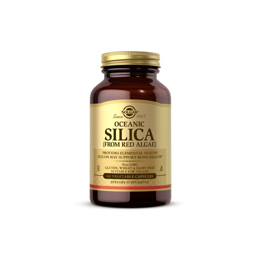 A bottle of Solgar Oceanic Silica 25 mg 100 Vegetable Capsules, suitable for promoting healthy hair and nails, on a white background.
