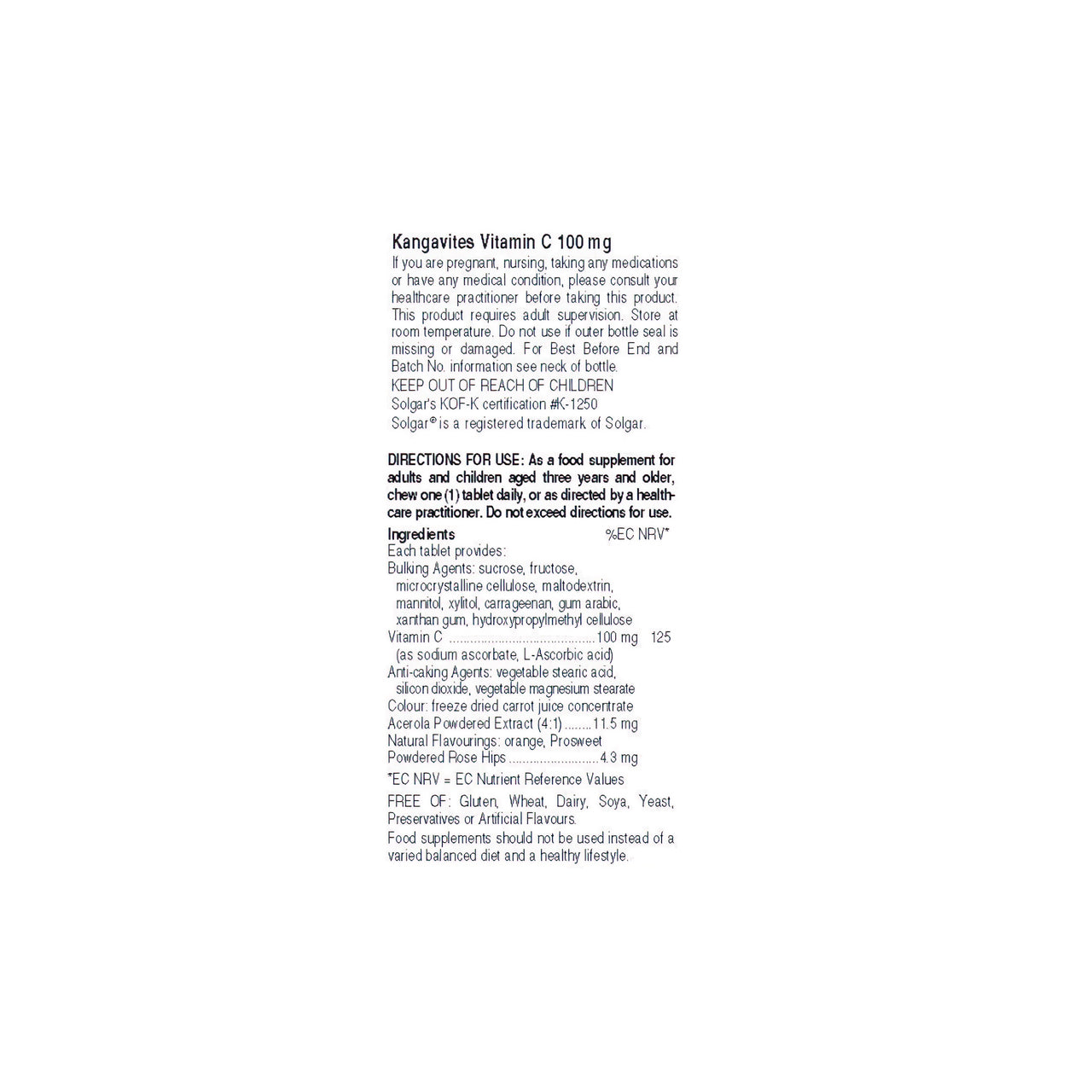 Kangavites Vitamin C 100 mg 90 chewable tablets orange flavor - label