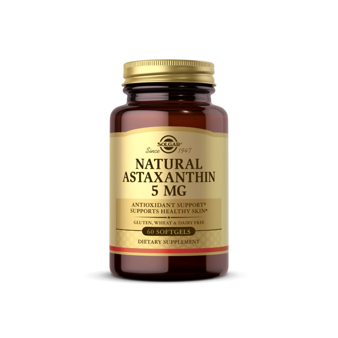A potent antioxidant skincare supplement, a bottle of Solgar Natural Astaxanthin 5 mg enhances skin health.