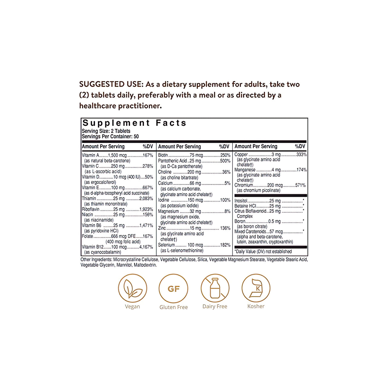 A label showing the contents of Solgar Formula VM-Prime 60 tablets 50+.