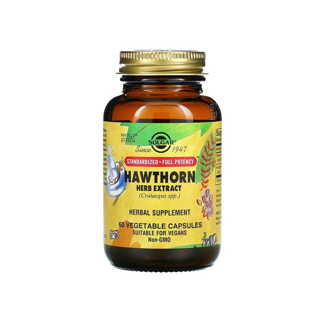 A bottle of Solgar Hawthorne Herb Extract, 60 vegetable capsules supplement.