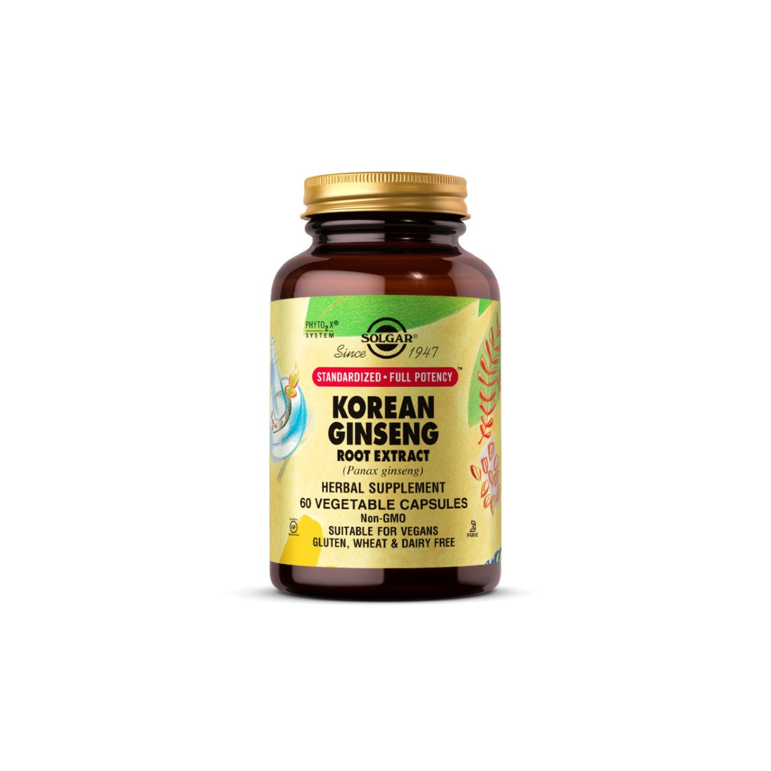 A bottle of SFP Korean Ginseng Root Extract 60 Vegetable Capsules by Solgar for cardiovascular wellness and immune health.