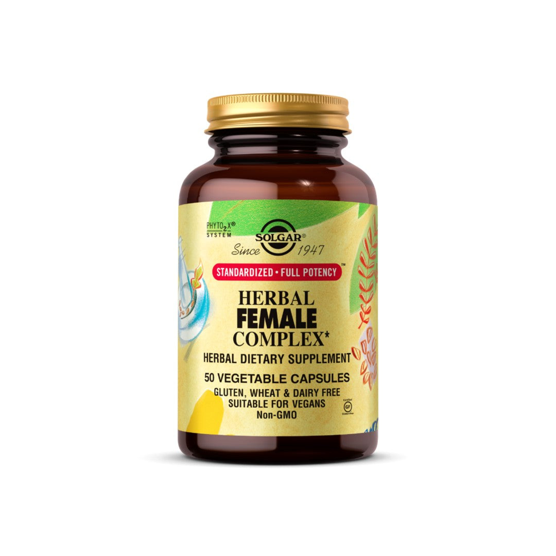 A bottle of Solgar Herbal Female Complex 50 vegetable capsules with vitamin c.