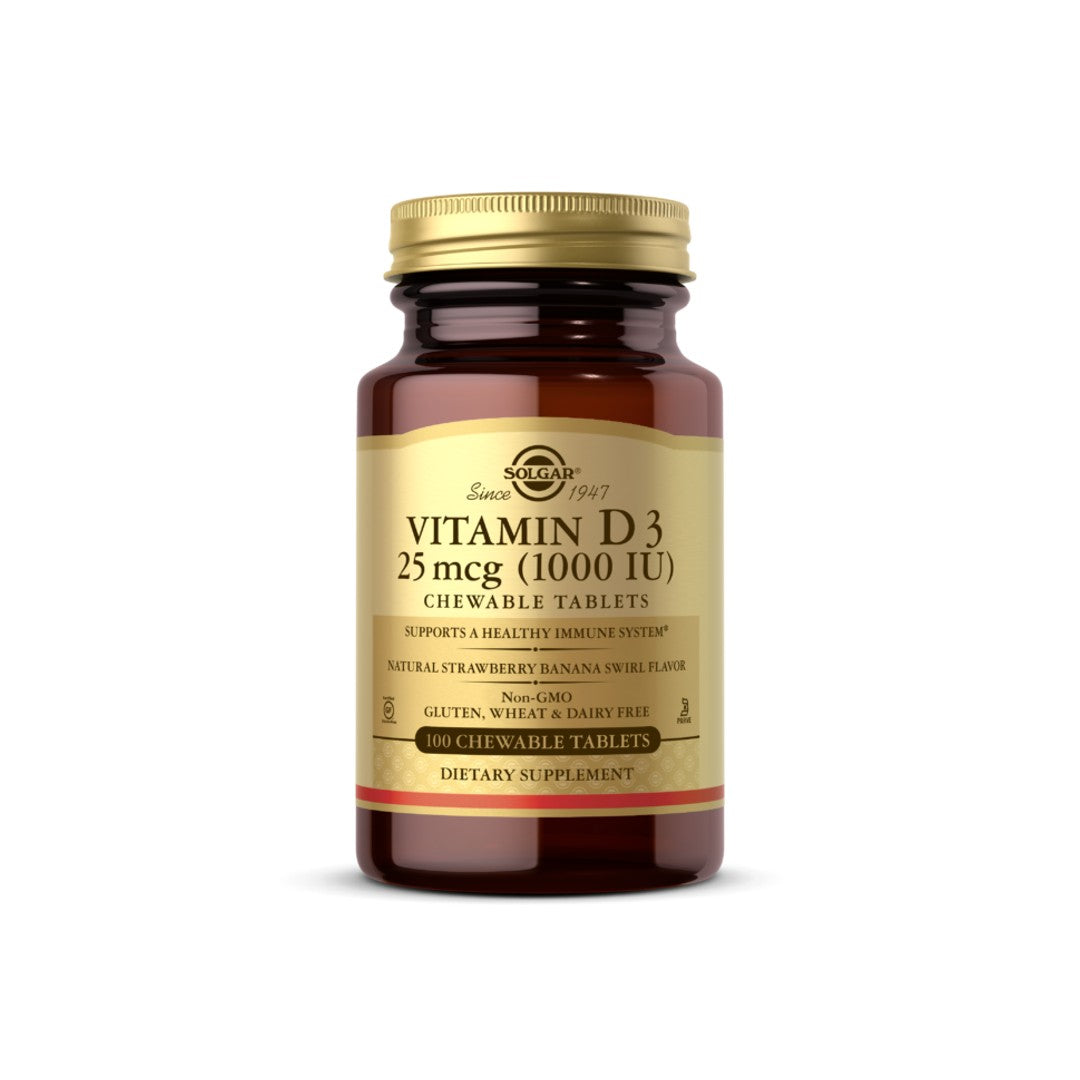 Improve your immune system and maintain healthy bones with our potent Solgar Vitamin D3 1000 IU 100 chewable tablets natural strawberry banana swirl flavor capsules.