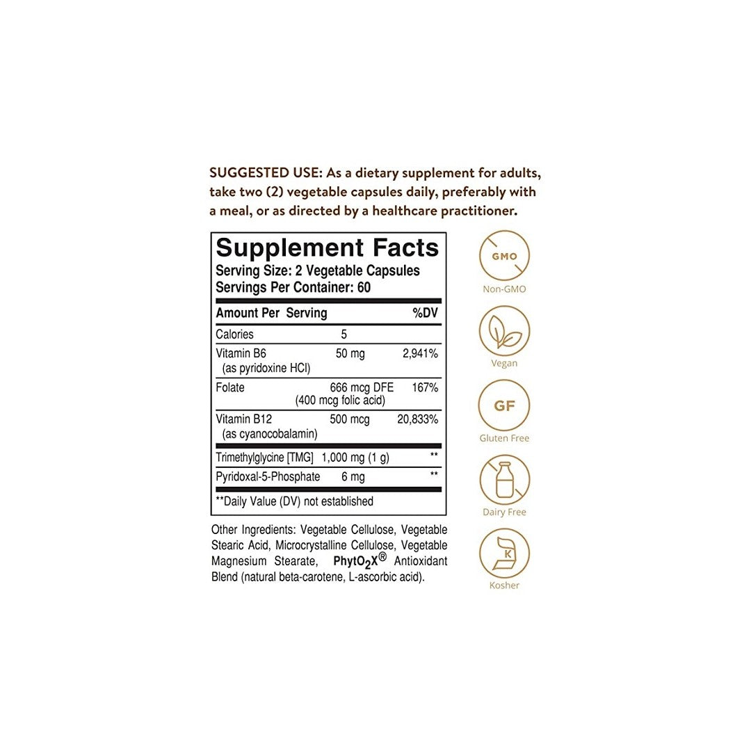 A label showing the ingredients of Solgar's Homocysteine Modulators 120 Vegetable Capsules.