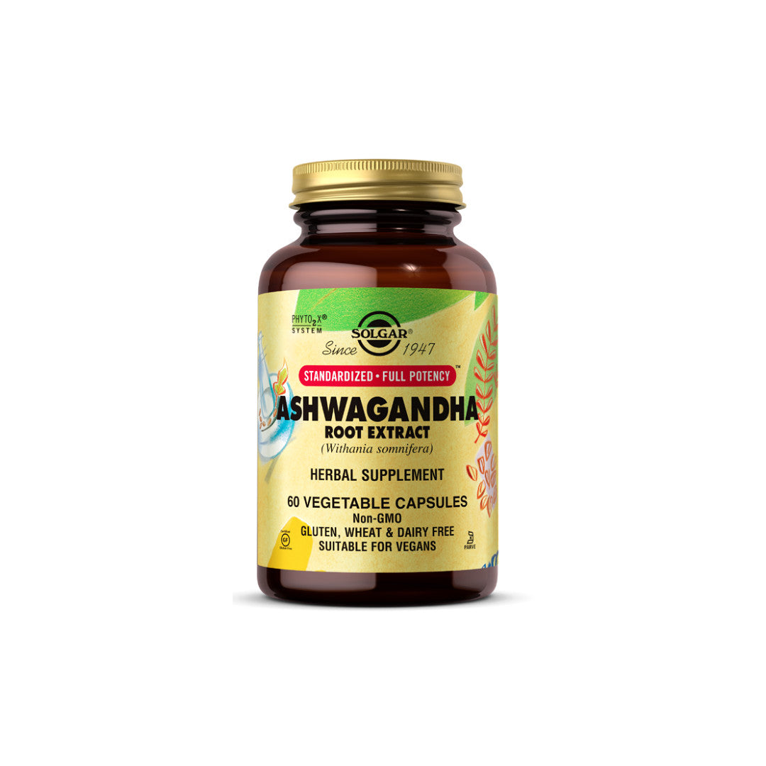 A bottle of Solgar Ashwagandha 400 mg 60 caps with vitamin c.