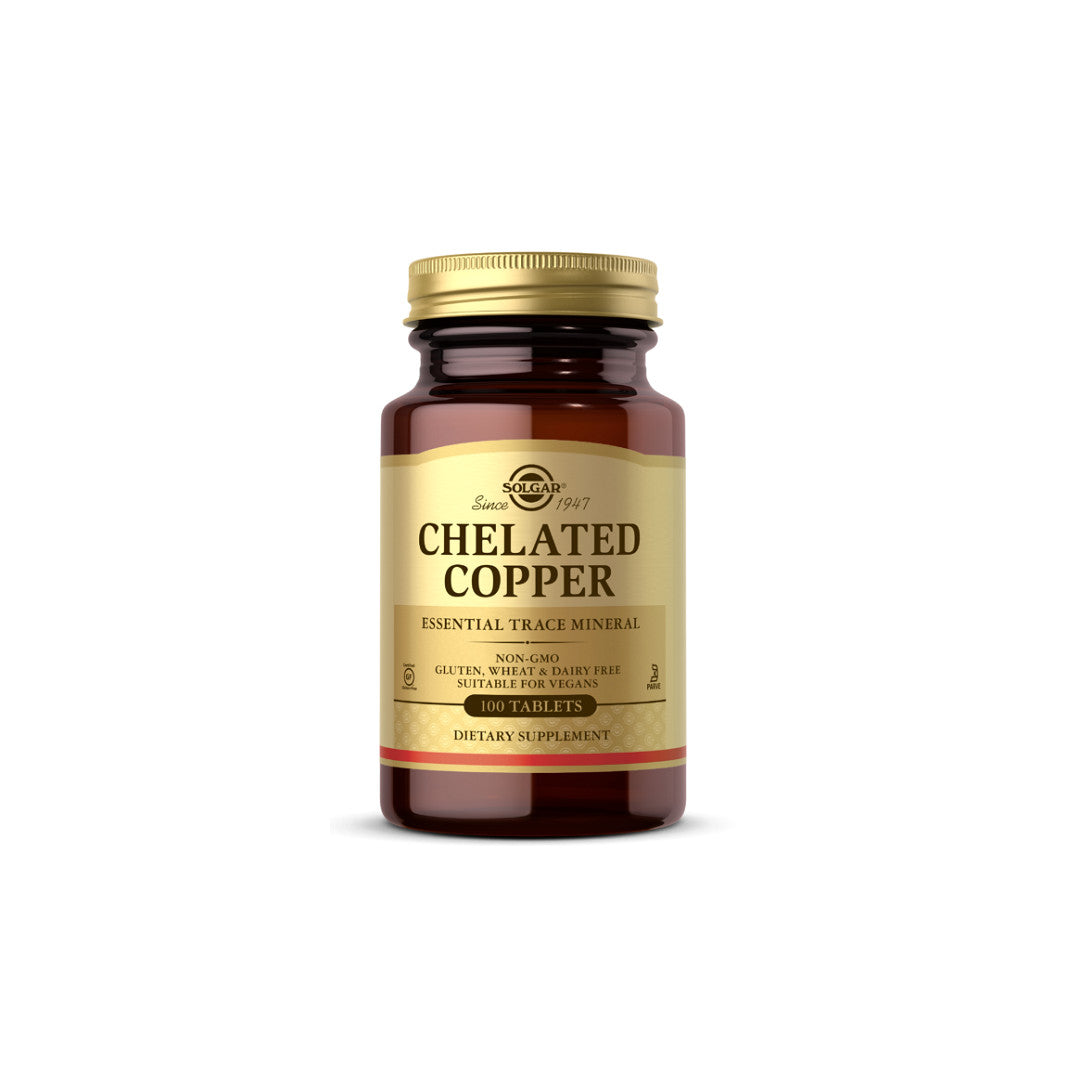 A bottle of Solgar Chelated Copper 2,5 mg 100 Tablets on a white background.