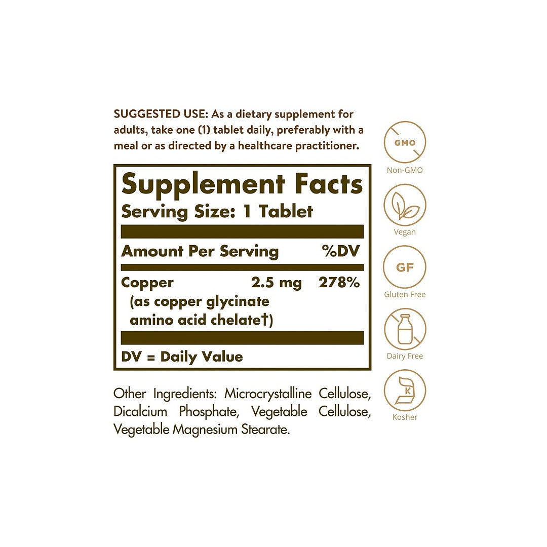 A label showing the ingredients of Solgar's Chelated Copper 2,5 mg 100 Tablets supplement.