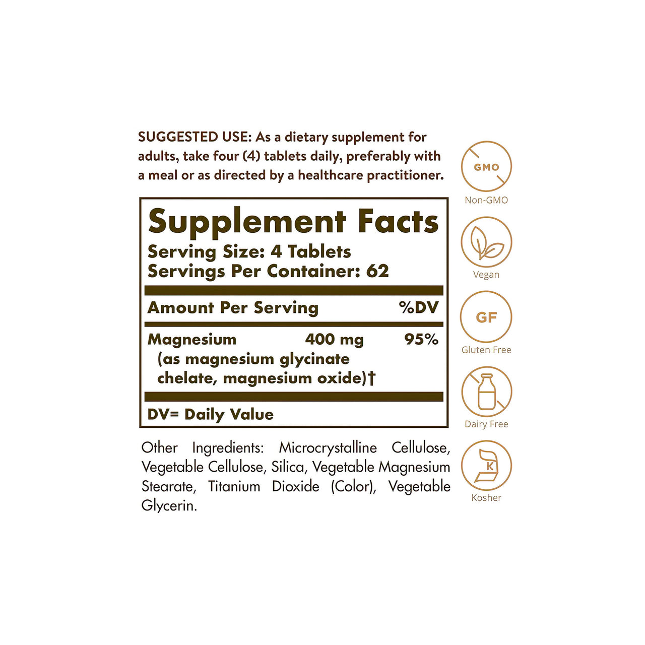 A label showing the ingredients of Solgar's Chelated Magnesium 100 Tablets supplement.