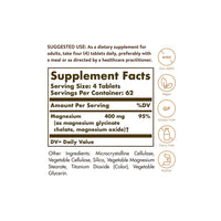 Thumbnail for A label showing the ingredients of Solgar's Chelated Magnesium 100 Tablets supplement.