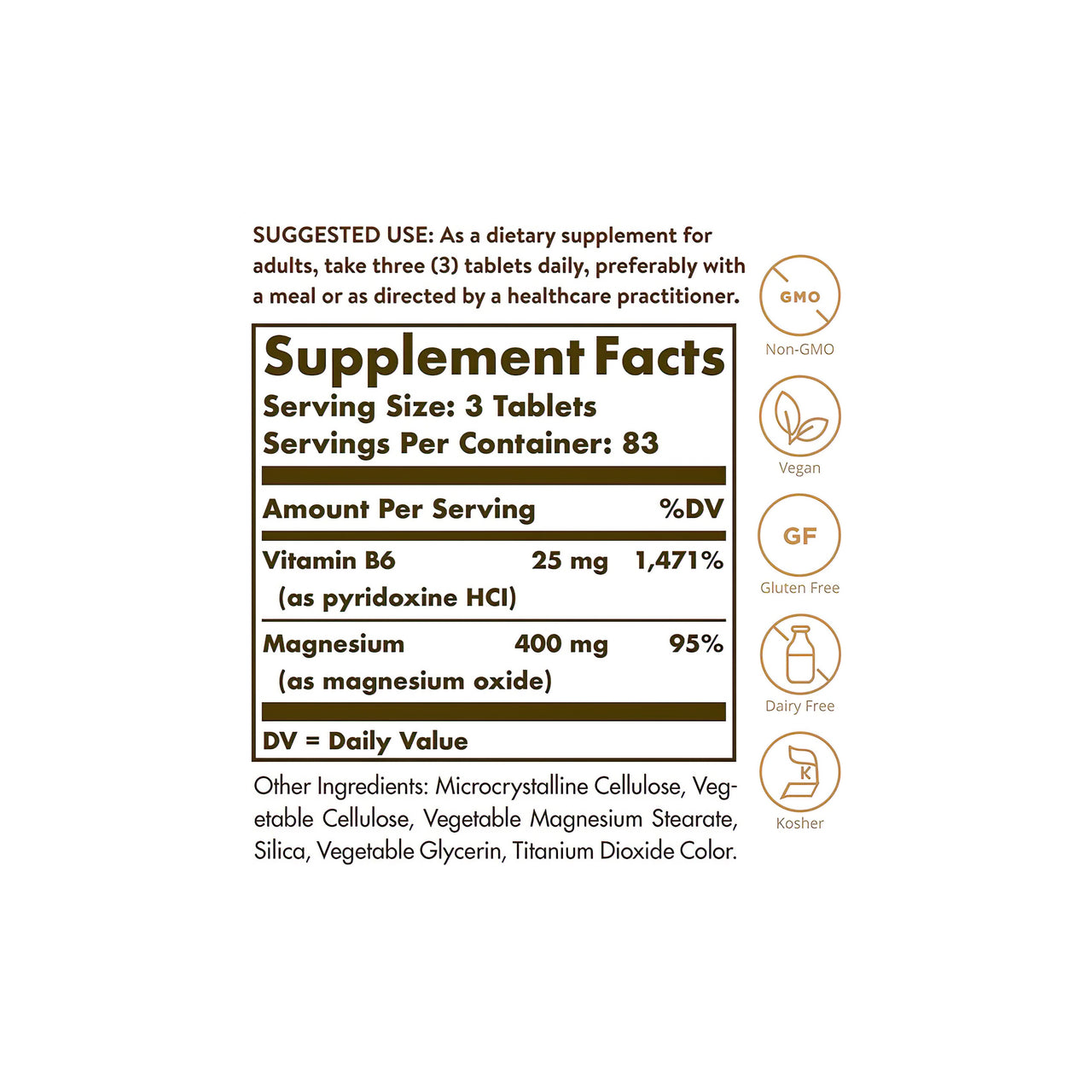 A label showing the ingredients of Solgar's Magnesium with Vitamin B6 250 Tablets.