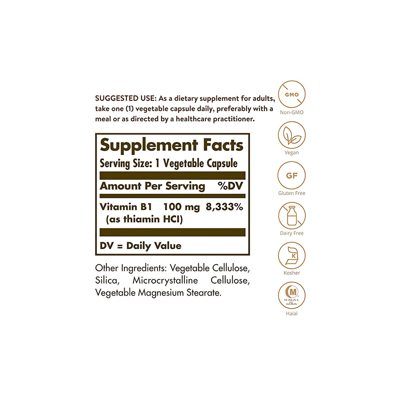 A Solgar label showing the essential ingredients, including Vitamin B1 (Thiamin) 100 mg 100 Vegetable Capsules, for optimal mental and physical health.