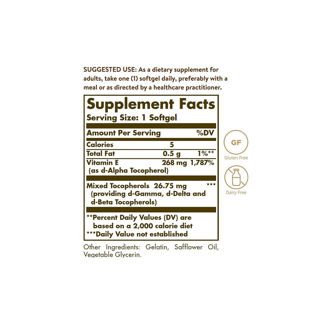 A label showing the ingredients of a Solgar supplement for cardiovascular health, with Vitamin E 268 mg (400 IU) 100 Softgels as the key antioxidant support.