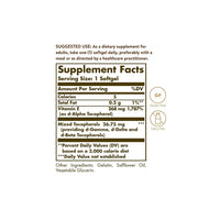 Thumbnail for A label showing the ingredients of a Solgar supplement for cardiovascular health, with Vitamin E 268 mg (400 IU) 100 Softgels as the key antioxidant support.