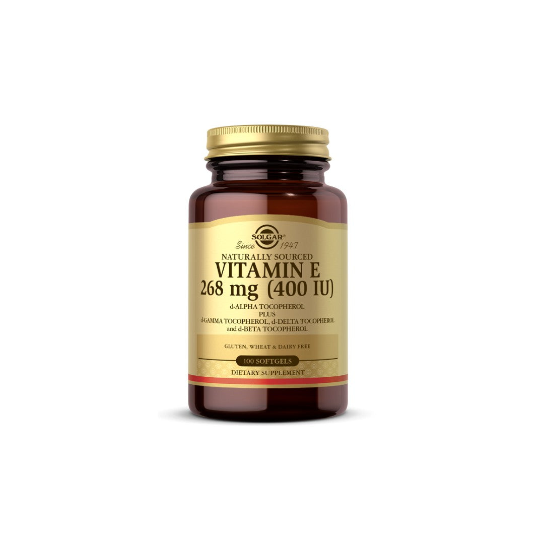 A bottle of Solgar Vitamin E 268 mg (400 IU) 100 Softgels, providing antioxidant support for cardiovascular health.