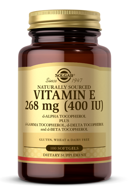 Solgar Vitamin E 268 mg (400 IU) 100 Softgels for cardiovascular health and antioxidant support.