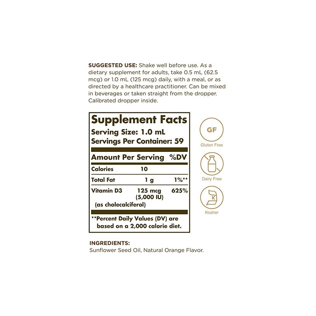 A label displaying Solgar's Vitamin D3 5000 IU 59 ml orange flavor supplement with ingredients to maintain healthy bones and teeth, and strengthen immunity.