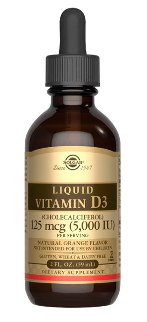 A bottle of Solgar Vitamin D3 5000 IU 59 ml orange flavor, formulated to maintain healthy bones and teeth while strengthening immunity.