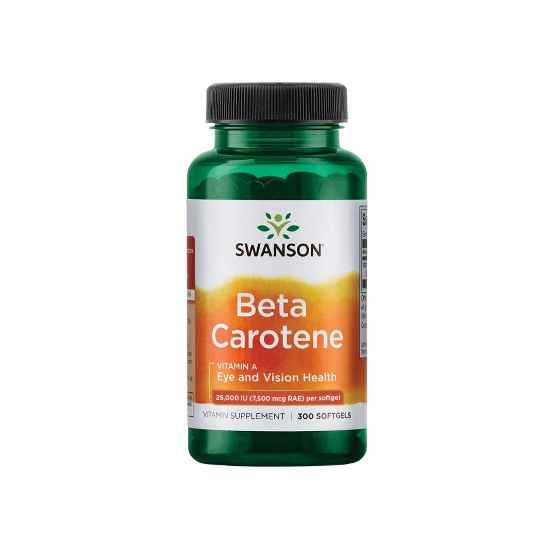 Swanson Beta-Carotene is a dietary supplement with 25000 IU Vitamin A capsules in a pack of 300 softgels.