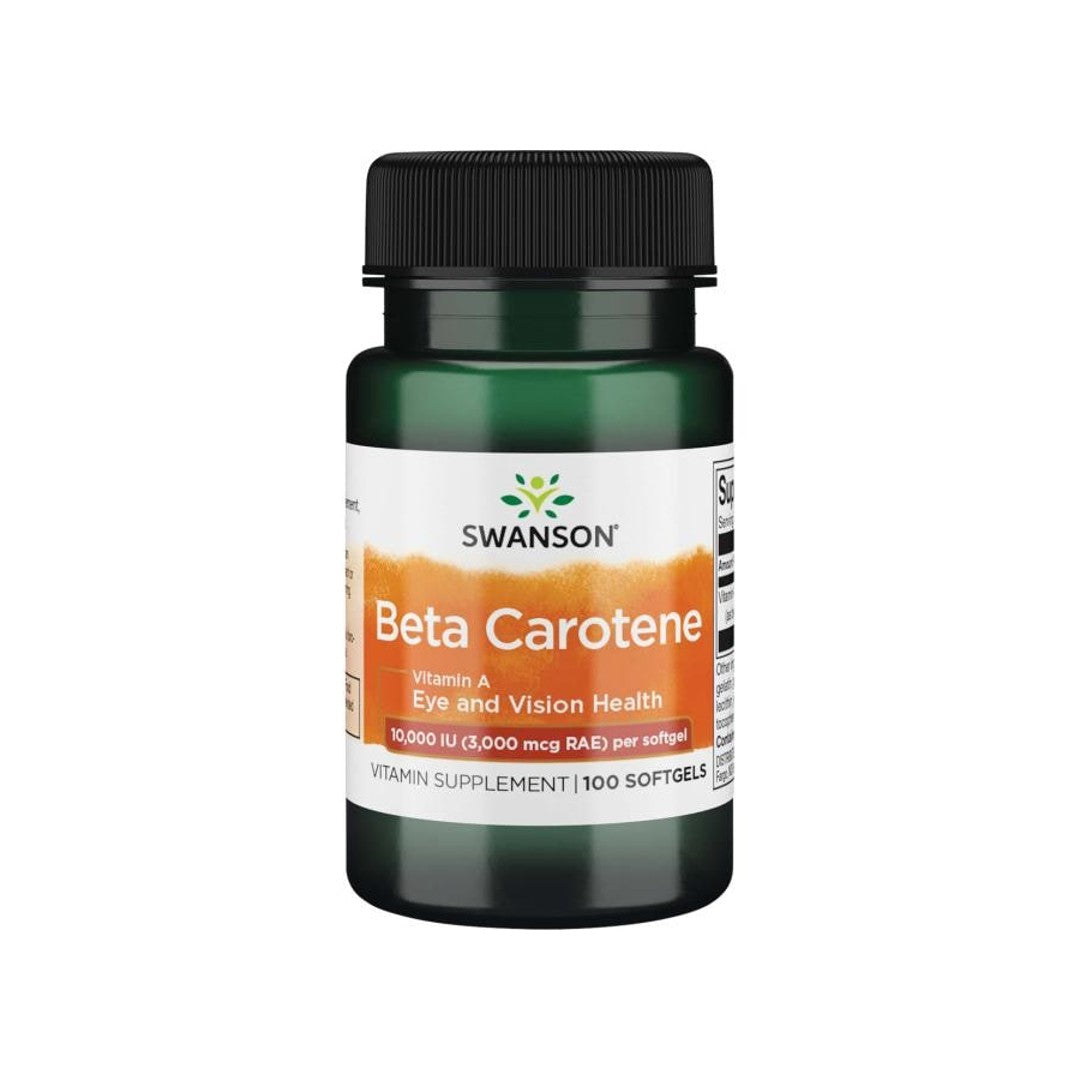 A dietary supplement bottle of Swanson Beta-Carotene softgels, providing 10000 IU of Vitamin A.