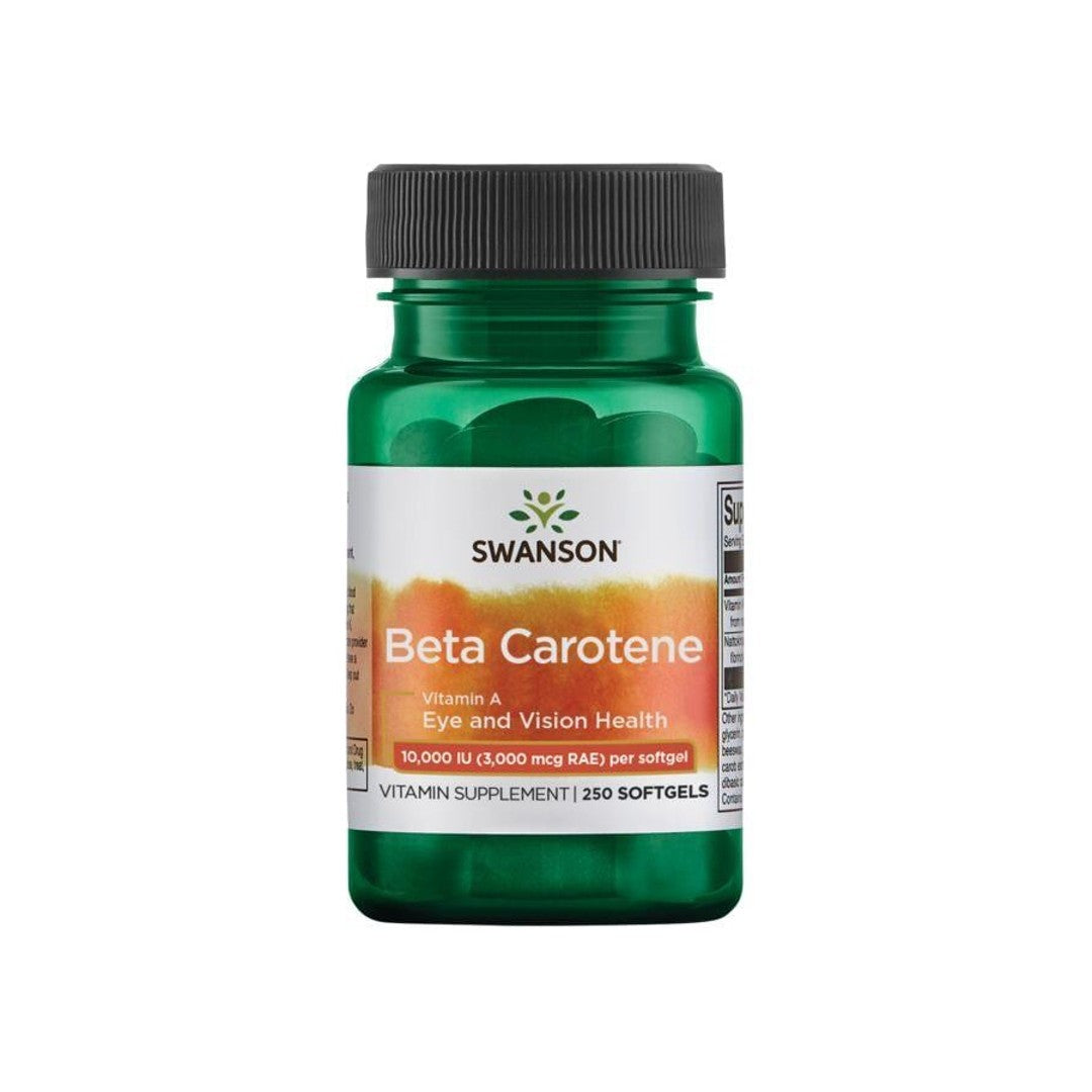 A bottle of Swanson Beta-Carotene - 250 softgels vitamin A dietary supplement.