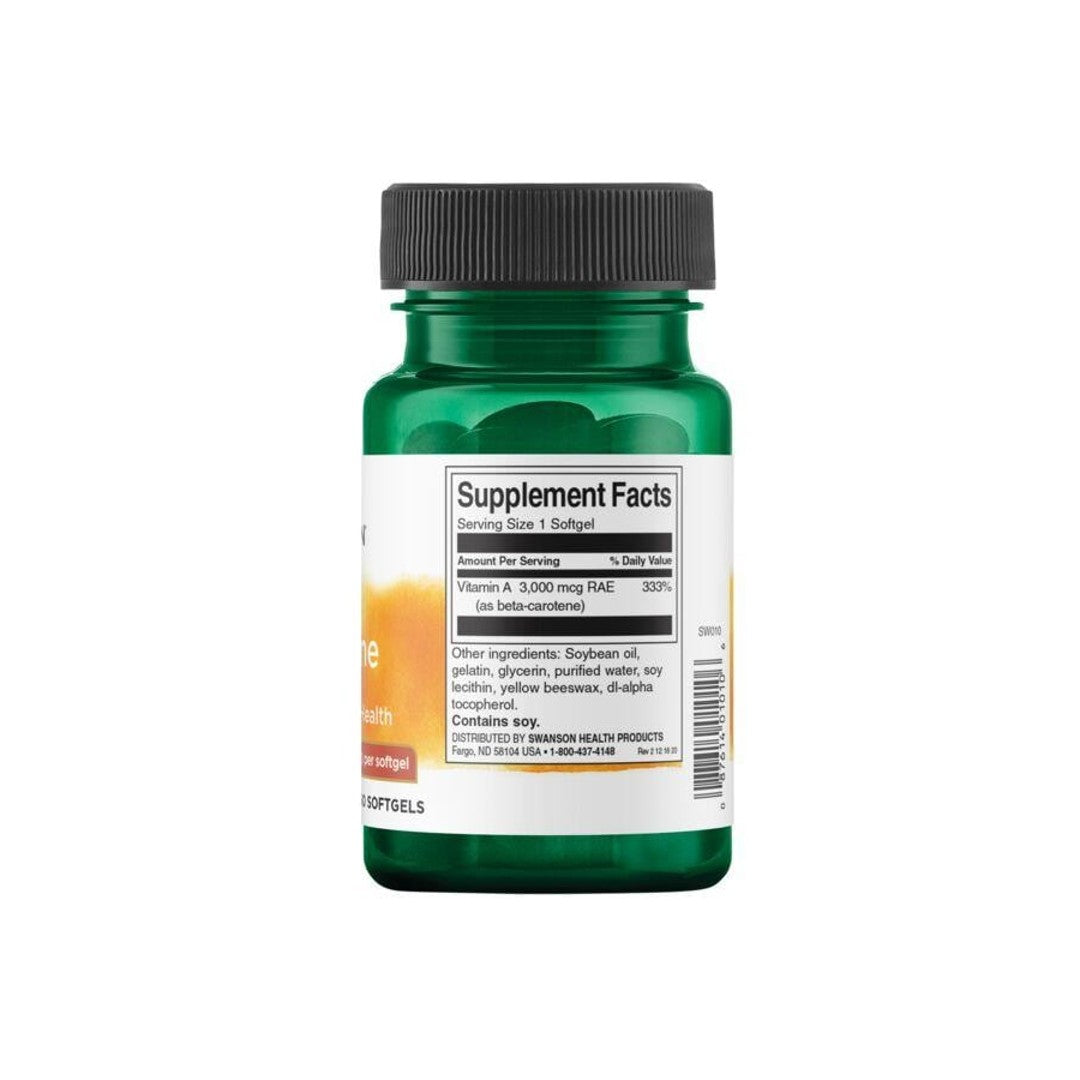 A bottle of Swanson Beta-Carotene - 10000 IU 250 dietary supplement softgels on a white background.