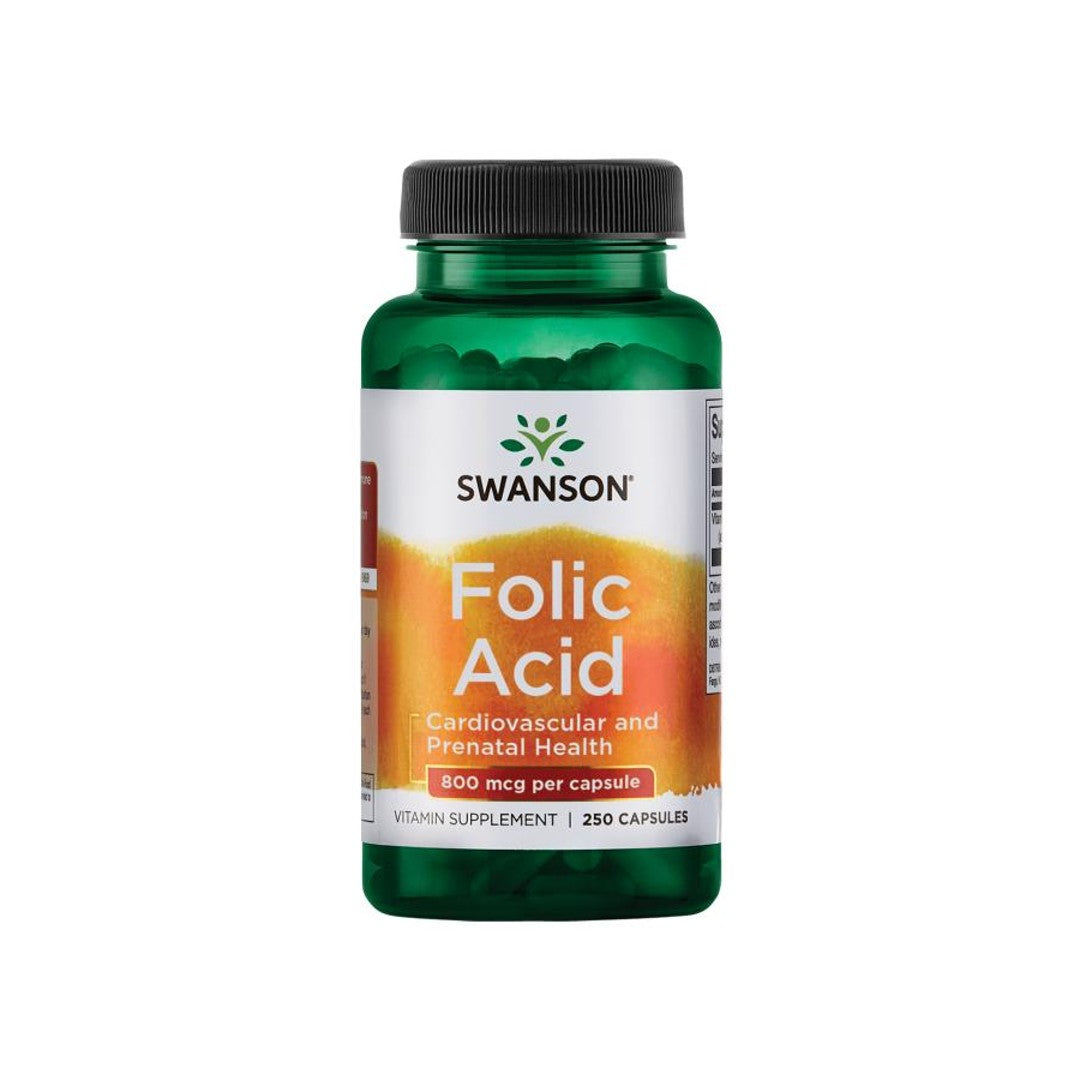 A bottle of Swanson Folic Acid - 800 mcg 250 capsules.