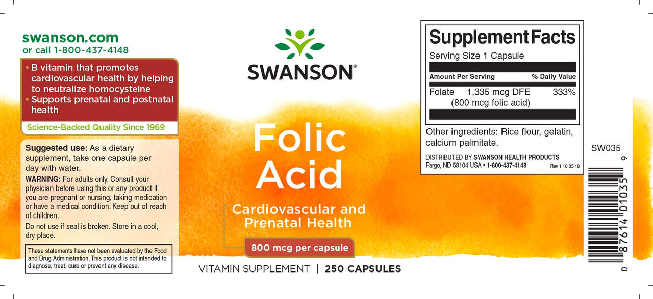 A label for the Swanson Folic Acid - 800 mcg 250 capsules.