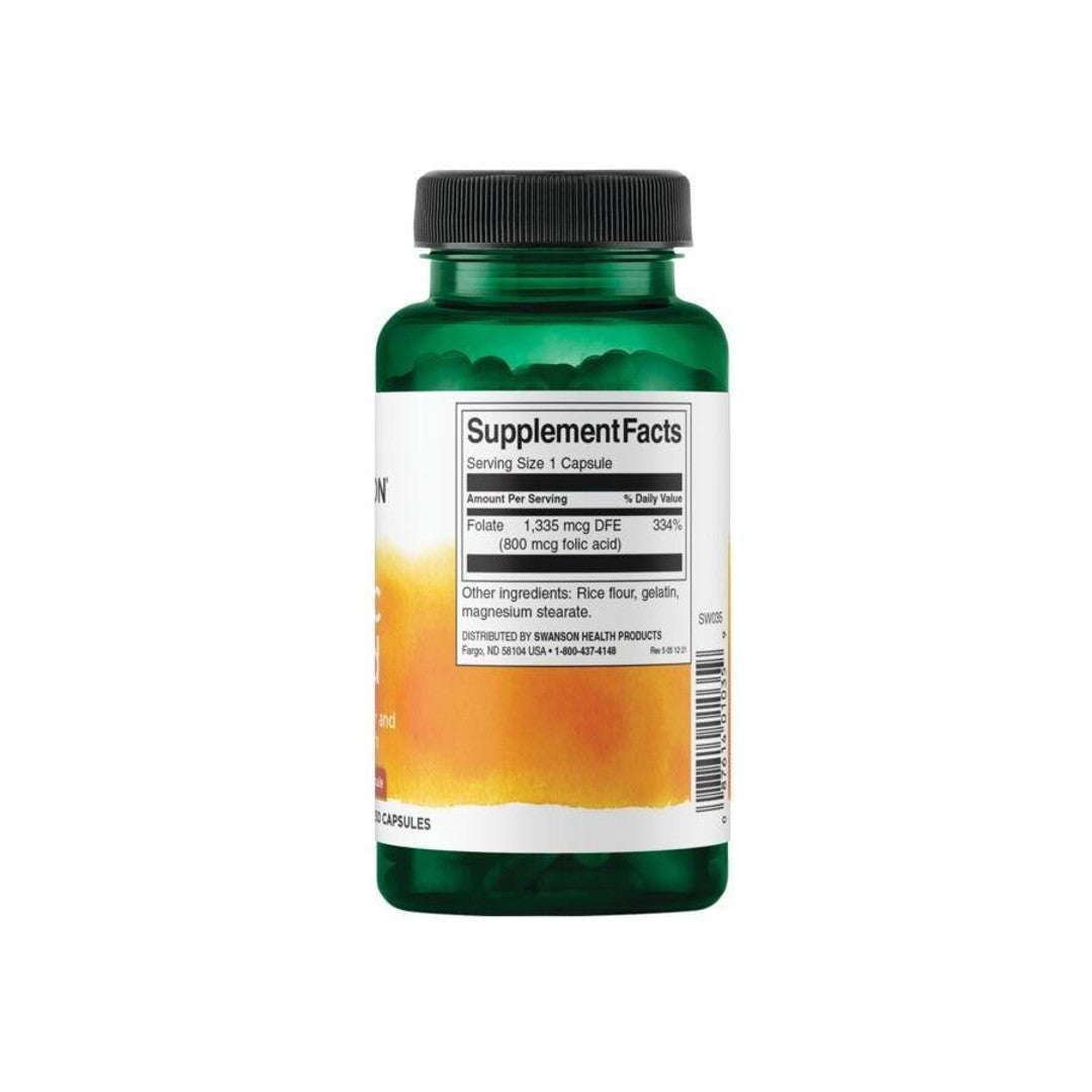 A bottle of Swanson Folic Acid - 800 mcg 250 capsules on a white background.