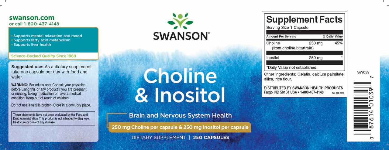 Swanson Choline - 250 mg & Inositol - 250 mg supplement.