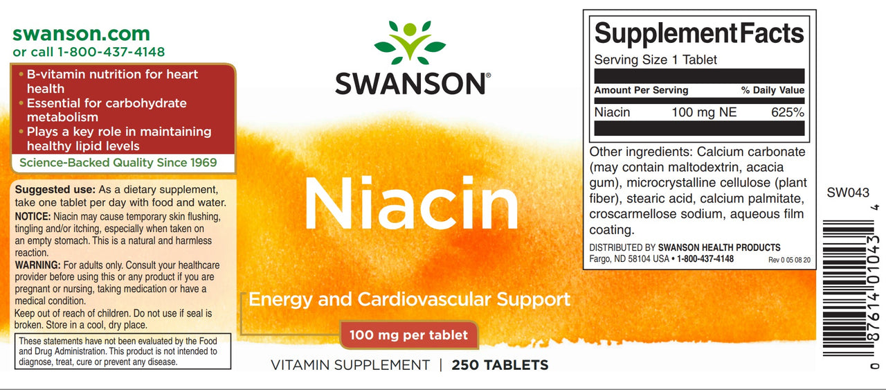 A label for Swanson's Vitamin B-3 Niacin - 100 mg 250 tabs, promoting heart health and carbohydrate metabolism.